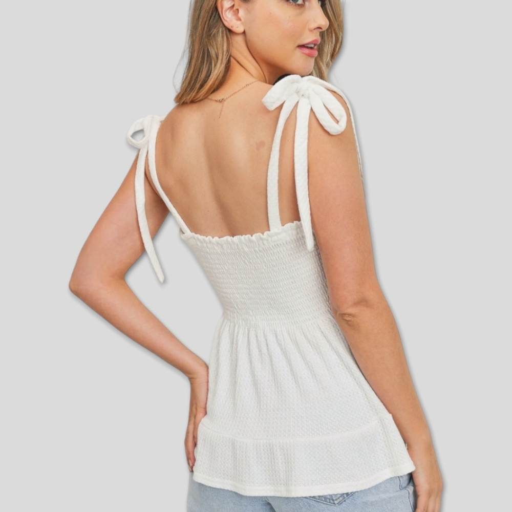Paper Crane Small White Smocked Tie Strap Peplum Sleeveless Waffle Top
